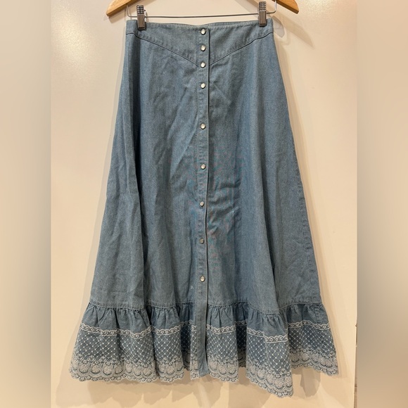 Ralph Lauren Vintage Chambray Maxi Skirt Women 4 petite Pearl Snap equestrian - Picture 2 of 12